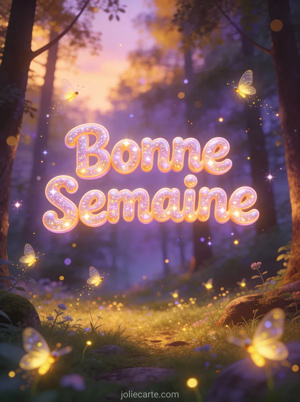 GIF Bonne Semaine anime avec lucioles dansantes dans clairiere forestiere au crepuscule
