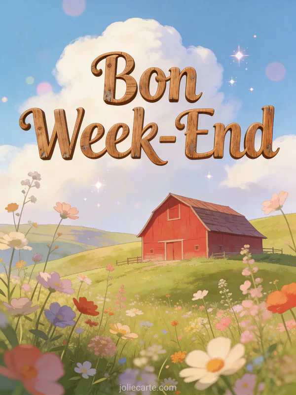 Image Bon Week-End avec texte rustique en bois sur paysage de campagne avec grange rouge collines vertes et fleurs sauvages