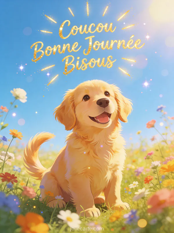 Joyeux chiot golden retriever dans une prairie fleurie sous le soleil avec le texte Coucou Bonne Journée Bisous