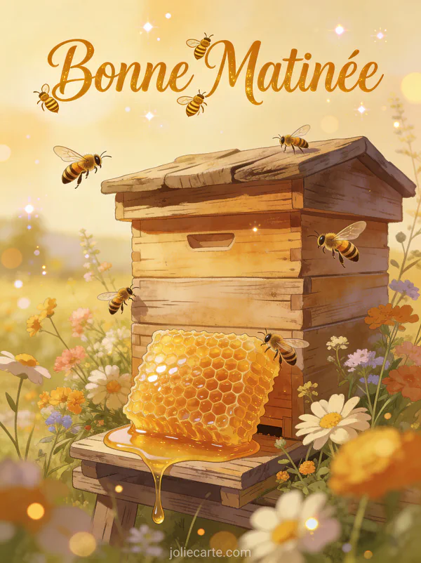 Abeilles butinant autour d'une ruche rustique avec miel doré et fleurs sauvages texte Bonne Matinée