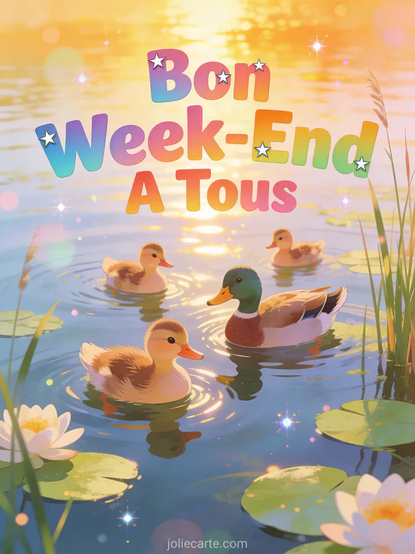 Image Bon Week-End A Tous avec texte multicolore et famille de canards nageant sur un etang paisible au coucher du soleil
