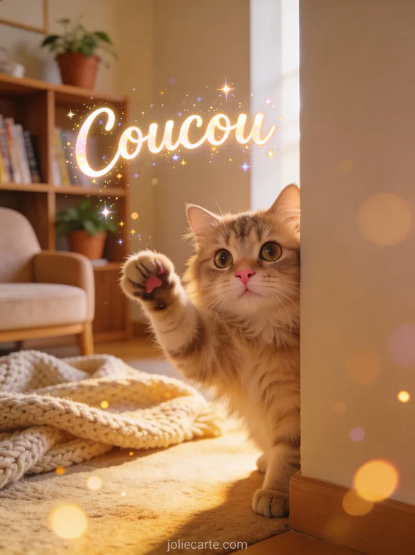 Chat curieux levant une patte pour faire signe depuis un coin de mur avec le texte Coucou