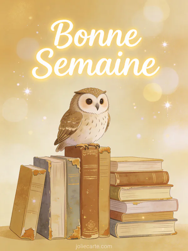 Image message Bonne Semaine avec hibou perche sur pile de livres vintage