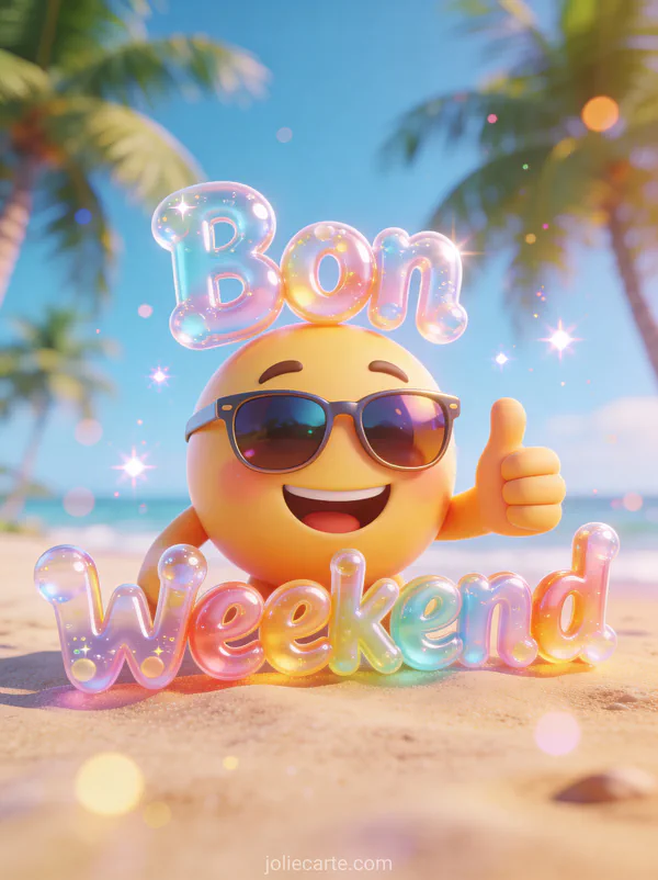 Image Smiley Bon Weekend avec texte 3D et emoji joyeux portant des lunettes de soleil sur fond de plage tropicale