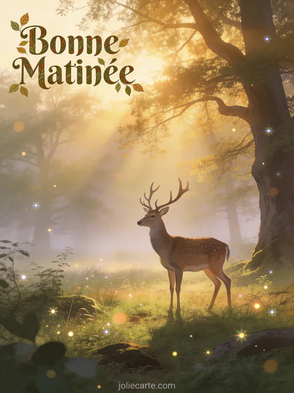 Cerf majestueux dans clairière brumeuse à l'aube rayons de soleil à travers les arbres texte Bonne Matinée