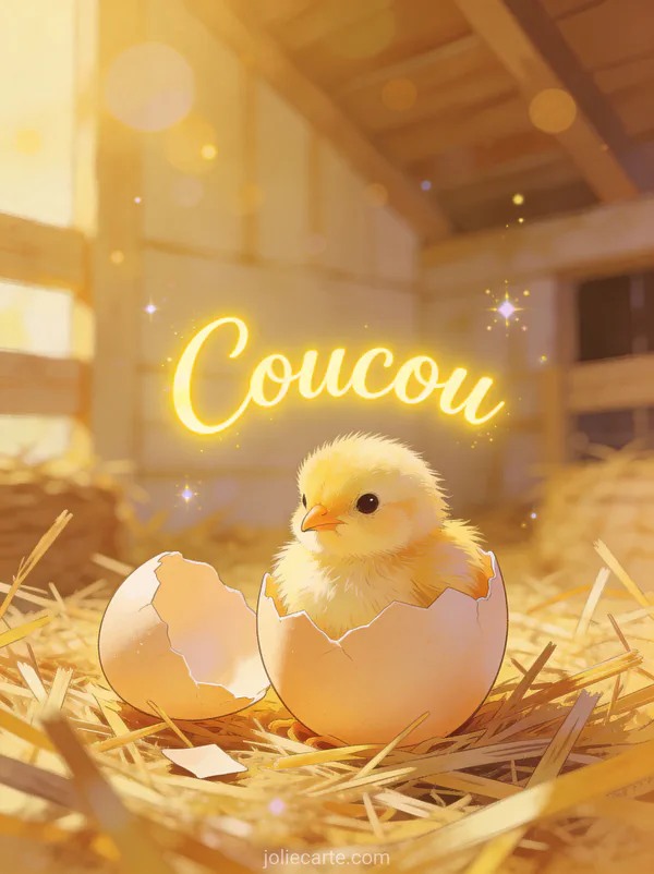 Mignon poussin duveteux sortant de son oeuf dans une grange chaleureuse avec le texte Coucou