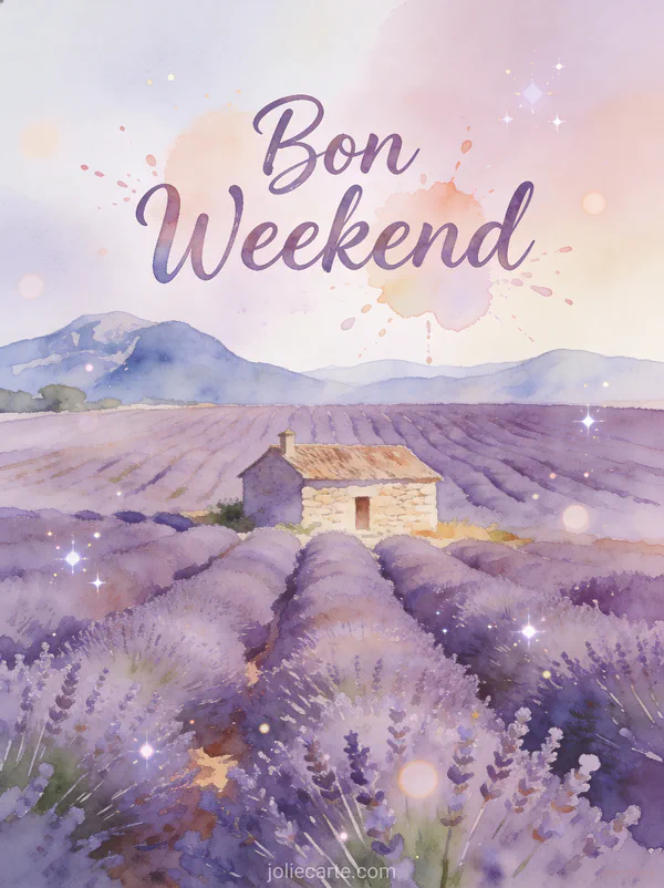 Image Bon Weekend aquarelle avec champ de lavande violet montagne et maison de pierre en Provence
