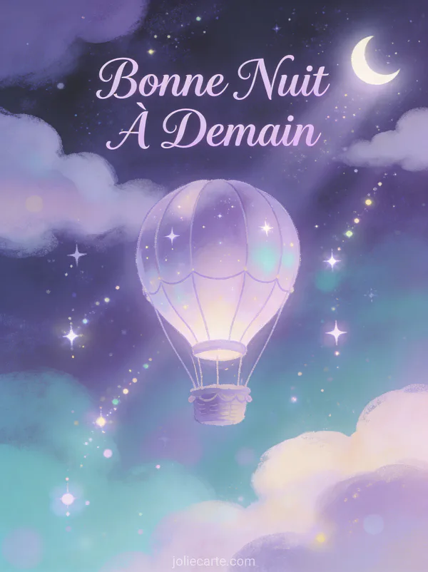 Montgolfière flottant dans un ciel étoilé avec des nuages doux et des rayons de lune texte Bonne Nuit À Demain