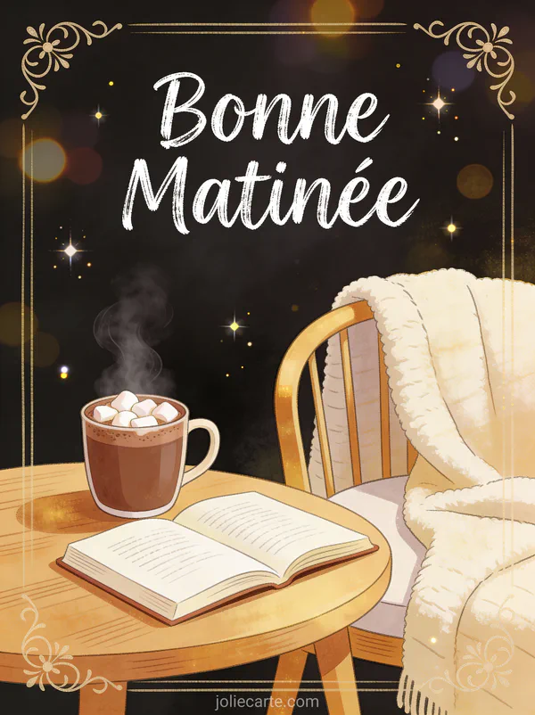 Tasse de chocolat chaud avec guimauves et journal ouvert dans coin lecture cosy texte Bonne Matinée