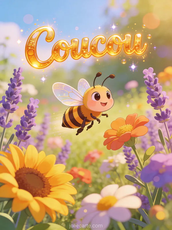 Sympathique abeille volant près de fleurs sauvages colorées et tournesols avec le texte Coucou