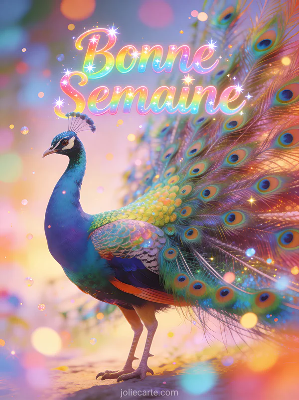 Image Bonne Semaine avec paon deployant ses plumes colorees