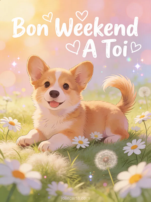 Image Bon Weekend A Toi avec texte dessine a la main et corgi adorable couche dans l'herbe parmi les marguerites