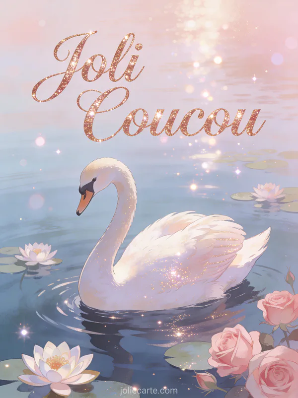 Gracieux cygne blanc glissant sur un étang paisible avec nénuphars et roses avec le texte Joli Coucou