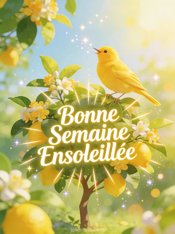 Image Bonne Semaine Ensoleillee avec canari jaune chantant sur citronnier en fleurs
