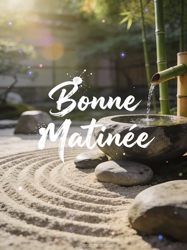 Jardin zen avec sable ratissé pierres lisses et fontaine bambou ambiance méditative texte Bonne Matinée