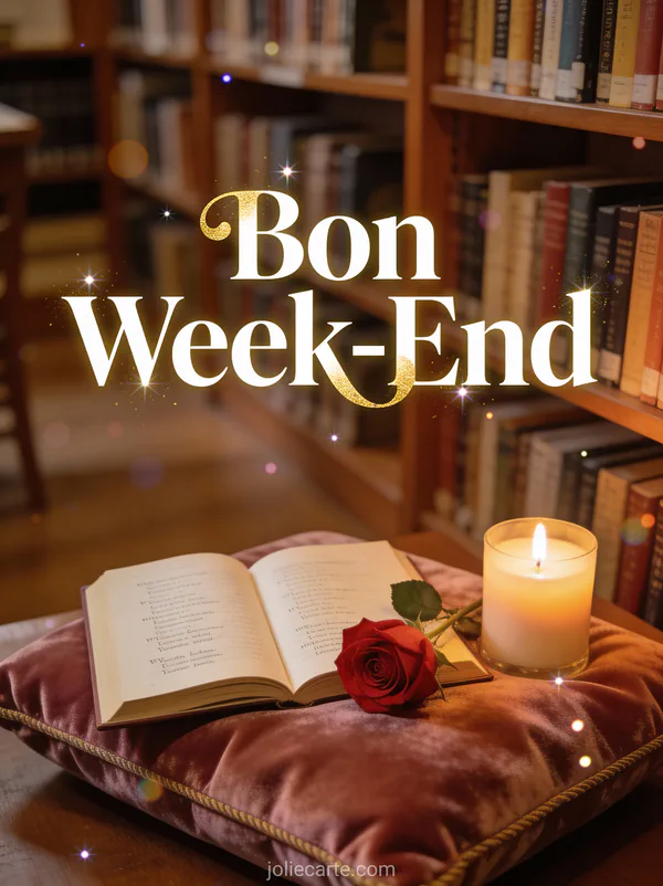 Image citation Bon Week-End avec texte dore serif livre ouvert rose rouge et bougie dans ambiance bibliotheque
