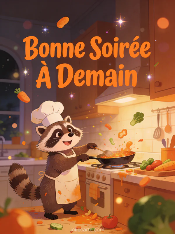 Raton laveur rigolo portant une toque de chef avec des légumes volants dans une cuisine texte Bonne Soirée À Demain