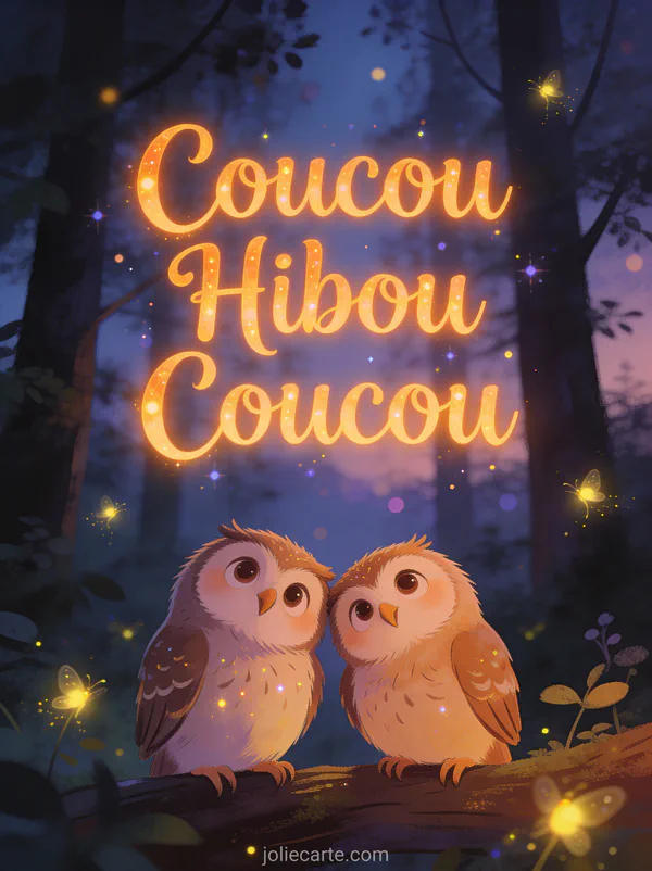 Deux hiboux joueurs penchant la tête dans une forêt crépusculaire avec lucioles et le texte Coucou Hibou Coucou