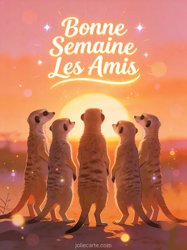Image Bonne Semaine Les Amis avec groupe de suricates regardant le lever de soleil
