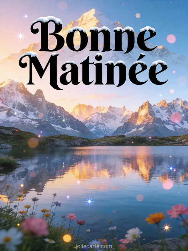 Lac alpin cristallin reflétant sommets enneigés au lever du soleil avec fleurs sauvages texte Bonne Matinée