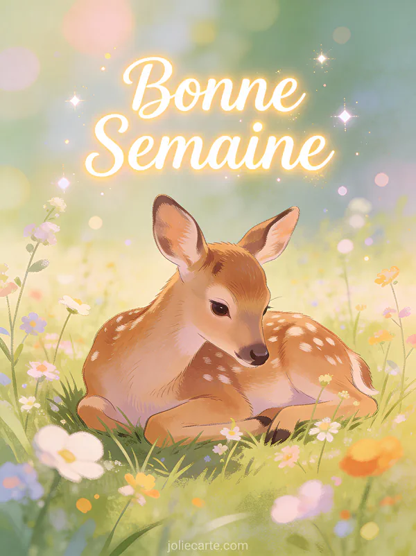 Image message Bonne Semaine avec faon repos dans prairie de fleurs sauvages