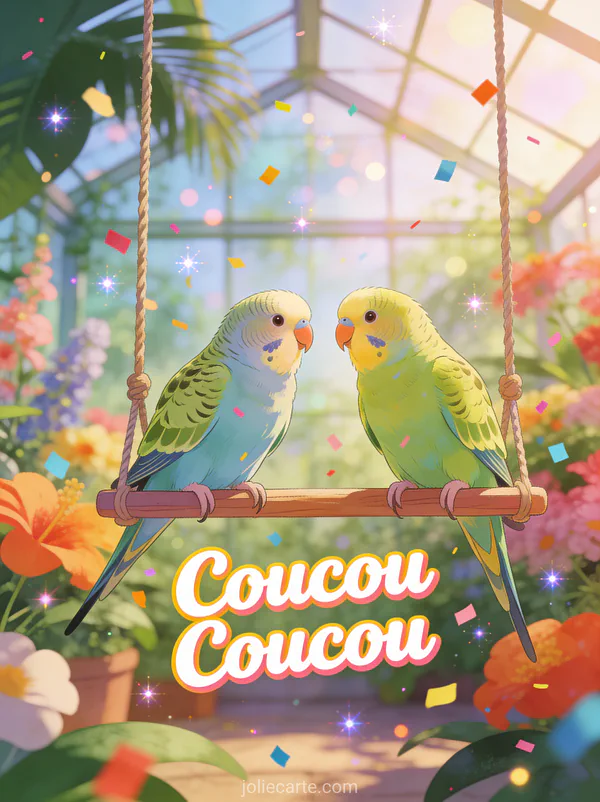 Deux perruches colorées face à face sur une balançoire avec fleurs tropicales et le texte Coucou Coucou