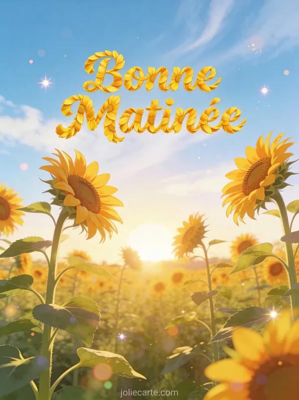 Champ de tournesols tournés vers le soleil matinal ciel bleu avec nuages légers texte Bonne Matinée
