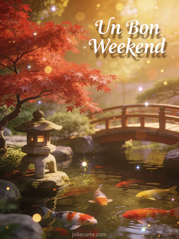 Image Un Bon Weekend avec texte blanc elegant dans jardin japonais avec bassin de carpes koi erable rouge et lanterne