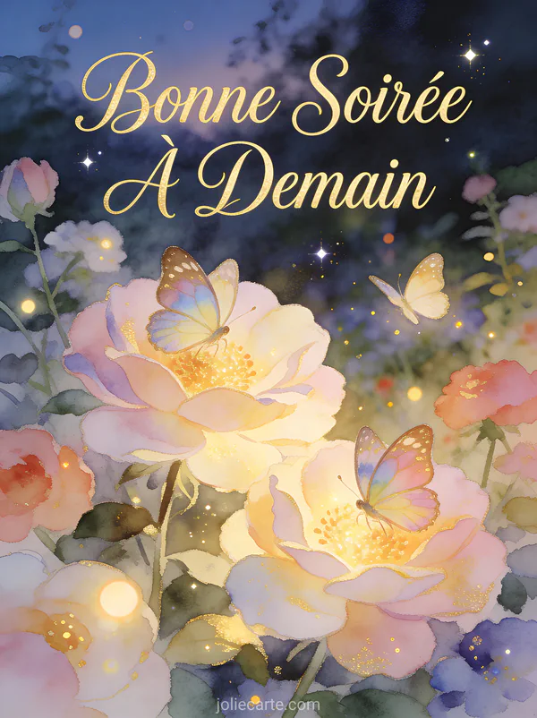 Jardin au crépuscule avec des fleurs lumineuses et des papillons se posant texte Bonne Soirée À Demain