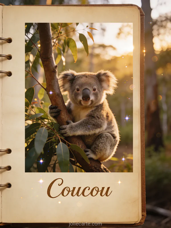 Adorable koala serrant une branche d'eucalyptus dans la nature australienne avec le texte Coucou