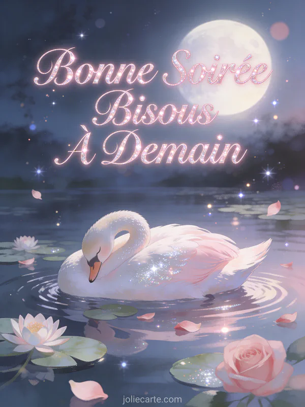 Cygne endormi sur un étang au clair de lune avec des nénuphars et pétales de rose texte Bonne Soirée Bisous À Demain