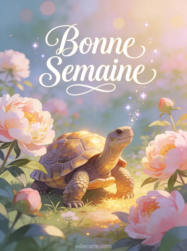 Image citation Bonne Semaine avec tortue dans jardin de pivoines en fleurs