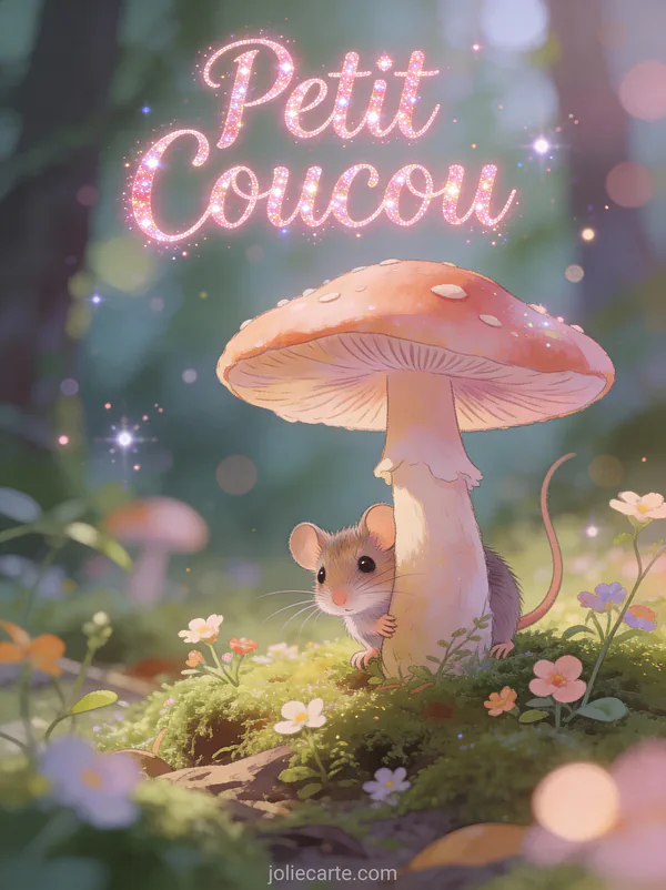 Petite souris mignonne pointant derrière un champignon dans la forêt enchantée avec le texte Petit Coucou