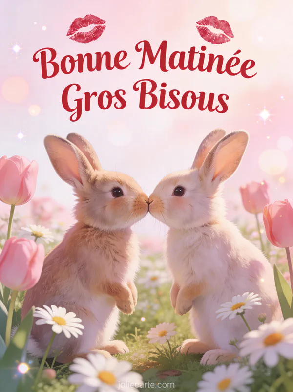 Deux lapins adorables se touchant le nez dans jardin de tulipes roses et marguerites texte Bonne Matinée Gros Bisous