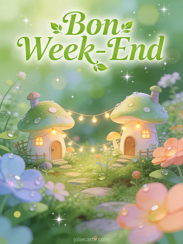 Image Bon Week-End feerique avec texte vert printanier dans jardin miniature avec maisons champignons et lumieres feees