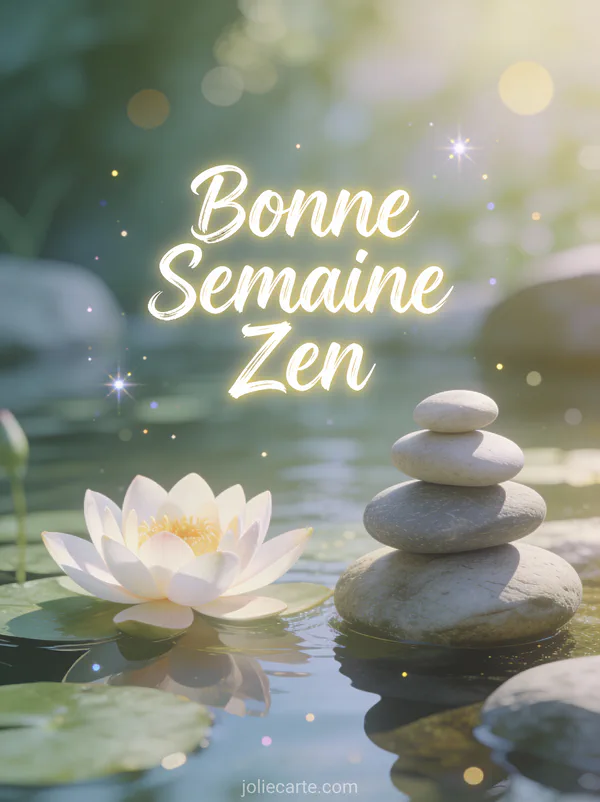 Image Bonne Semaine Zen avec pierres empilees et lotus pres d un bassin