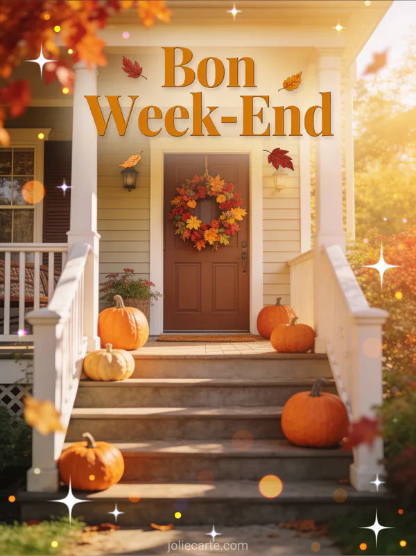 Image Bon Week-End Automnal avec texte ambre citrouilles sur porche couronne de feuilles et lumiere doree d'automne