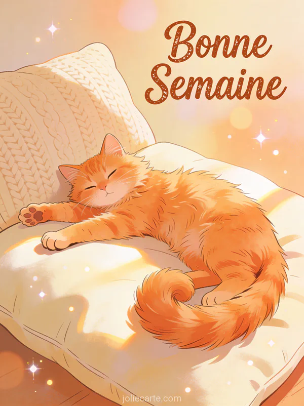 Image Bonne Semaine avec chat roux pelucheux s etirant sur coussin ensoleille