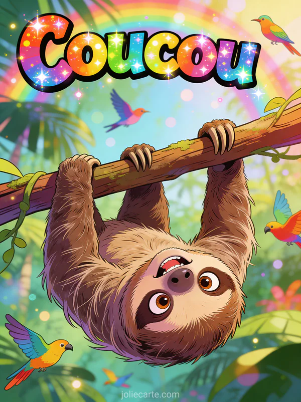 Paresseux amusant suspendu à l'envers faisant une grimace dans la jungle tropicale avec le texte Coucou