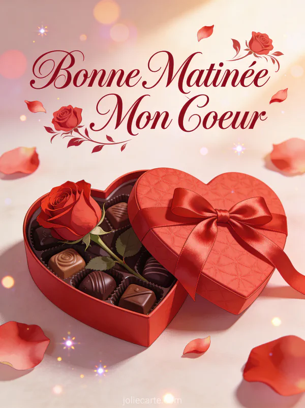 Boîte de chocolats en forme de coeur avec rose rouge et ruban soie texte Bonne Matinée Mon Coeur