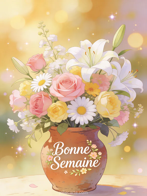Image Bonne Semaine avec bouquet de fleurs variees dans vase rustique