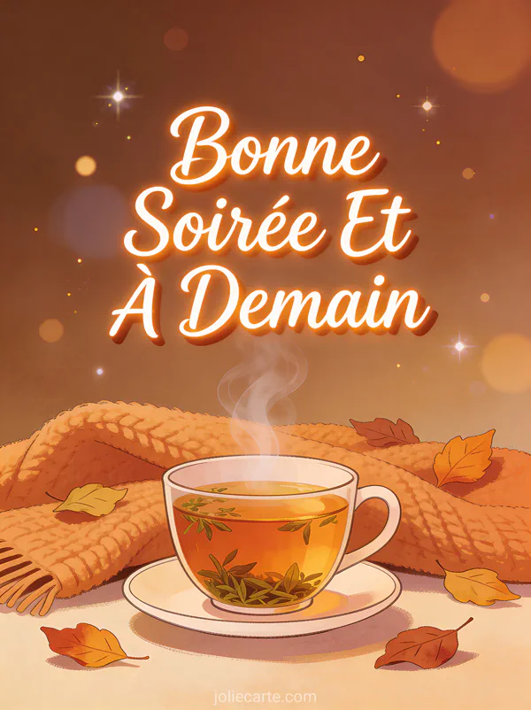 Tasse de tisane fumante avec un plaid et des feuilles d'automne texte Bonne Soirée Et À Demain