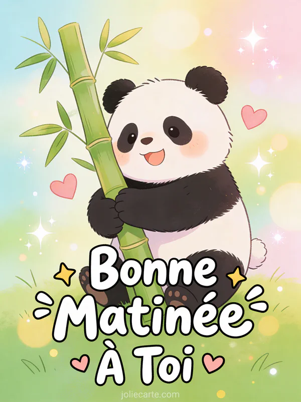 Panda kawaii câlinant une tige de bambou avec coeurs flottants style mignon texte Bonne Matinée À Toi
