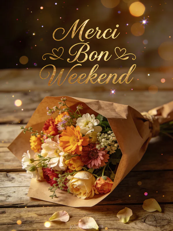 Image Merci Bon Weekend avec texte bronze elegant et bouquet de fleurs du jardin emballe dans papier kraft sur table rustique