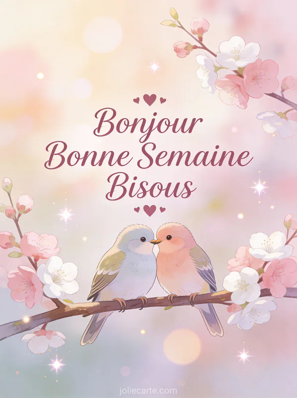 Image Bonjour Bonne Semaine Bisous avec inseparables sur branche fleurie printaniere