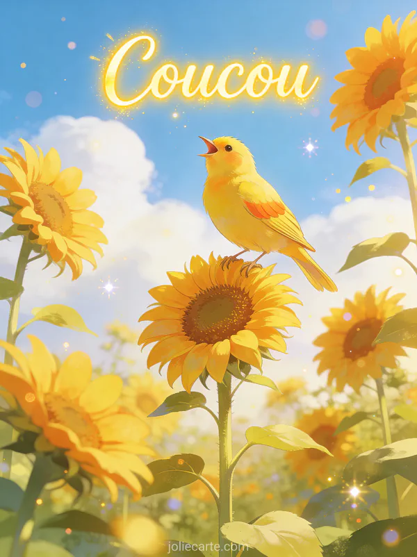 Canari jaune chantant sur un tournesol dans un jardin d'été avec ciel bleu et le texte Coucou