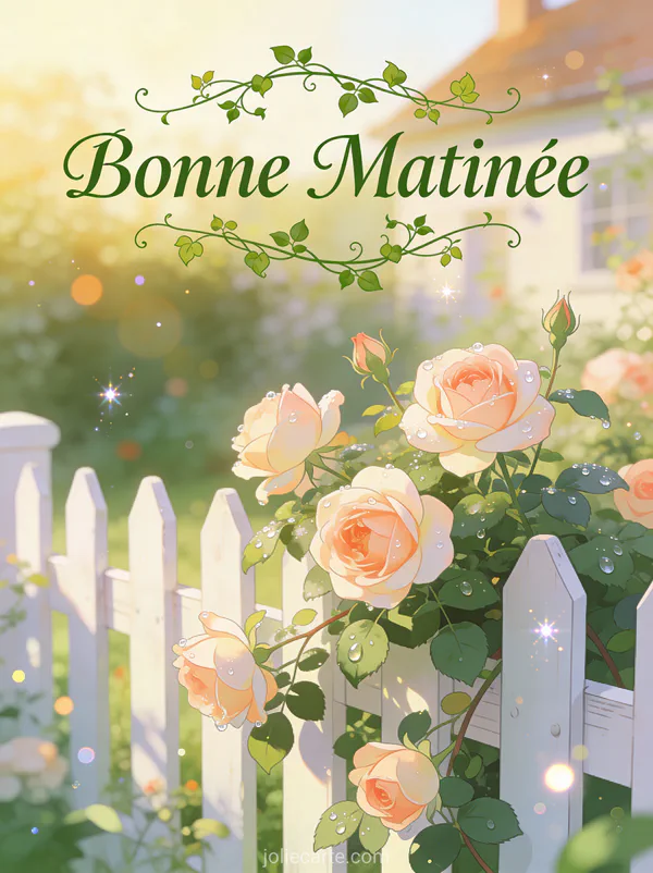 Jardin de cottage avec roses grimpantes sur palissade blanche rosée matinale texte Bonne Matinée