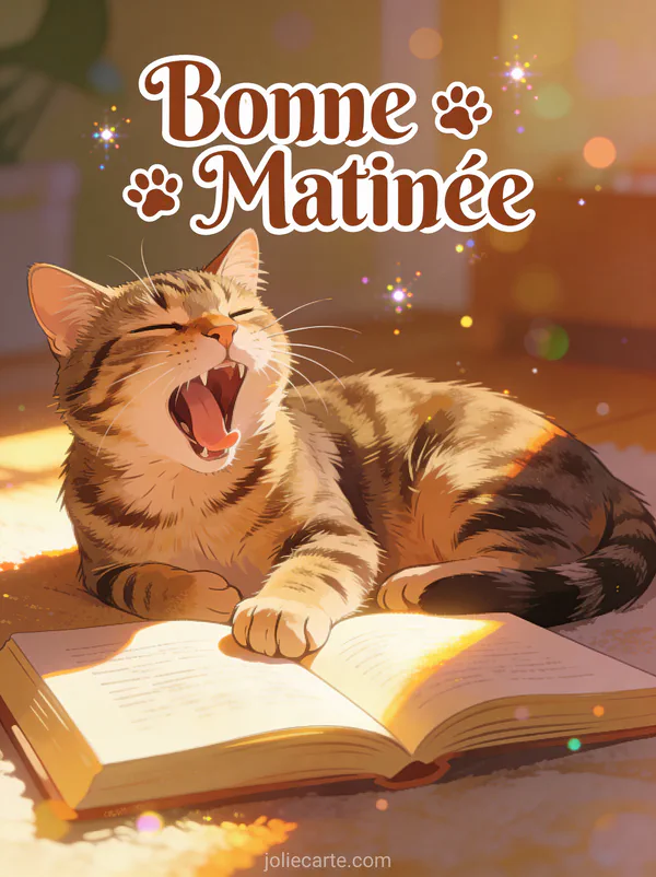 Chat tigré bâillant sur coin ensoleillé près d'un livre lumière chaude texte Bonne Matinée