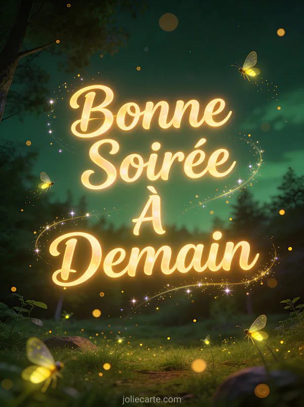 Lucioles dansantes dans une clairière de forêt au crépuscule avec des particules dorées texte Bonne Soirée À Demain