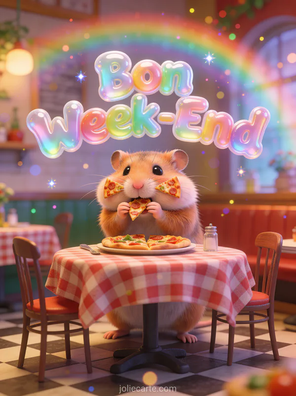 Image humour Bon Week-End avec hamster aux joues gonflees mangeant une mini pizza dans decor de restaurant italien